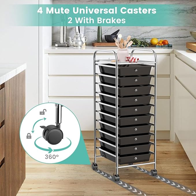 10-Drawer Rolling Storage Cart, Trolley w/Lockable 360° Wheels, 10 Removable PP Drawers, Sturdy Metal Frame, Rolling Utility Cart Perfect for Home, Office, Classroom (Black)