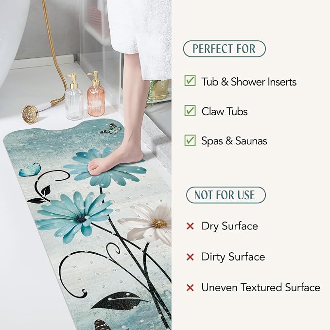 SHUCHING Turquoise Bath Mat for Tub Non Slip-40 X 16Inch, Rustic Farmhouse Flower Bathtub Mat Anti Slip for Women, Long Shower Mat for Bathroom Mold Free, Machine Washable