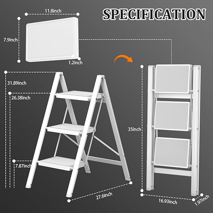 DIAMONDFORGE 3 Step Ladder, Folding Step Stool with Anti-Slip Wide Pedal, Anti-Slip Feet, Sturdiest Steel Construction, 330lbs Capacity Steel Ladder for Home and Office, White