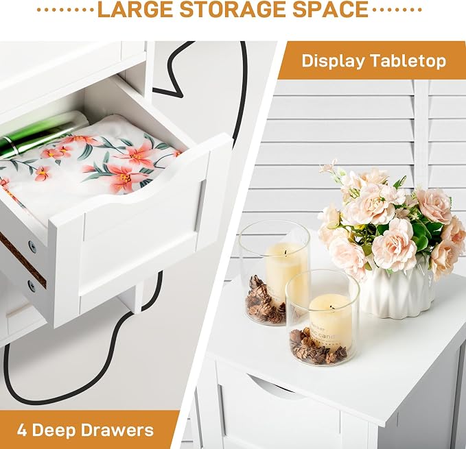 Bonnlo Skinny Bathroom Floor Storage Cabinet,White 12 Inch Wide Deep Small Storage Organizer with 4 Drawers, Wooden Modern Thin Free Standing Tower Cabinet w/ 4 Cute Drawers for Bathroom, Living Room