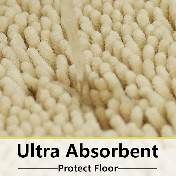 Bath Rugs Chenille 3-Piece Extra Soft and Absorbent Shag Beige Bathroom Rugs, Machine Wash Mat, Strong PVC Non-Slip Underside, Plush Carpet Mats (Beige)