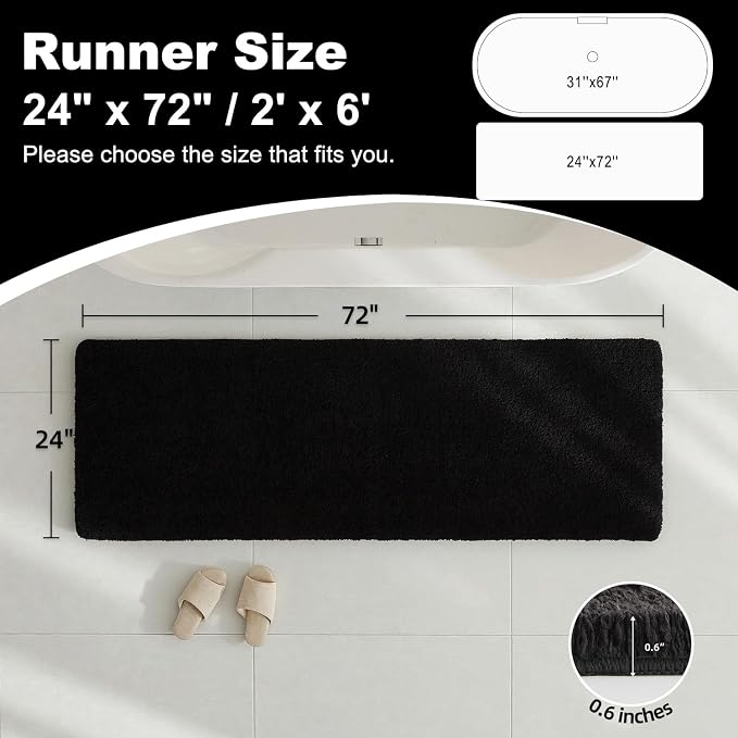 TYUU Bathroom Runner Rug, Ultra Soft Long Bath Mat Super Absorbent Quick Dry Bathroom Runner Rugs 24 x 72 Non Slip Washable, Black 24" x 72"