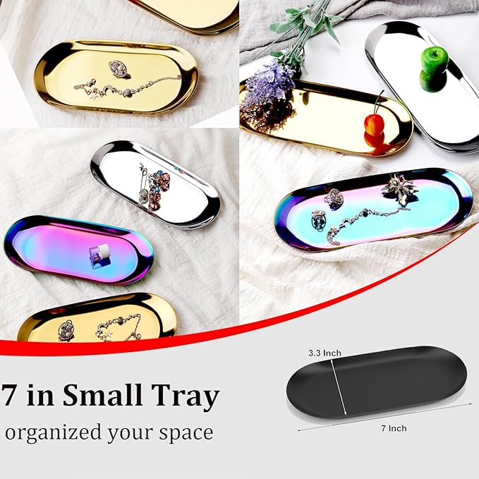Stainless Steel Decorative Tray, Set of 2, 7 Inch Long, Jewelry Dish Cosmetics Organizer Bathroom Clutter Serving Platter Small Storage Tray, Oval, Matte Black
