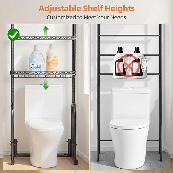 EAGMAK Over The Toilet Storage Rack, 4-Tier Bathroom Organizer with Adjustable Shelves & Basket, Rust-Resistant Metal Over Toilet Shelf for Small Bathroom Space Saving, Black