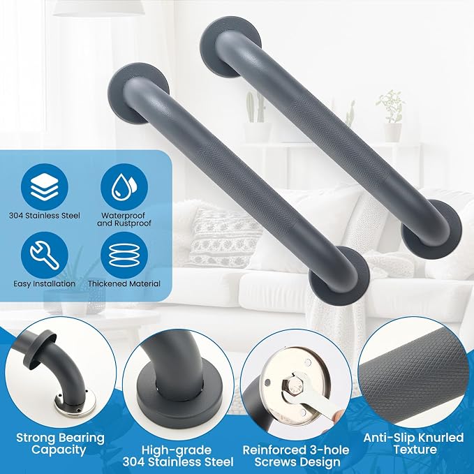 Grab Bars for Shower, Zynuhmo 2 Pack 12 Inch Anti Slip Stainless Steel Bathroom Safety Shower Grab Bar Handrails for Handicap Injury Pregnant Senior Assist Shower Handles(Gun Grey, 1.25" Diameter)