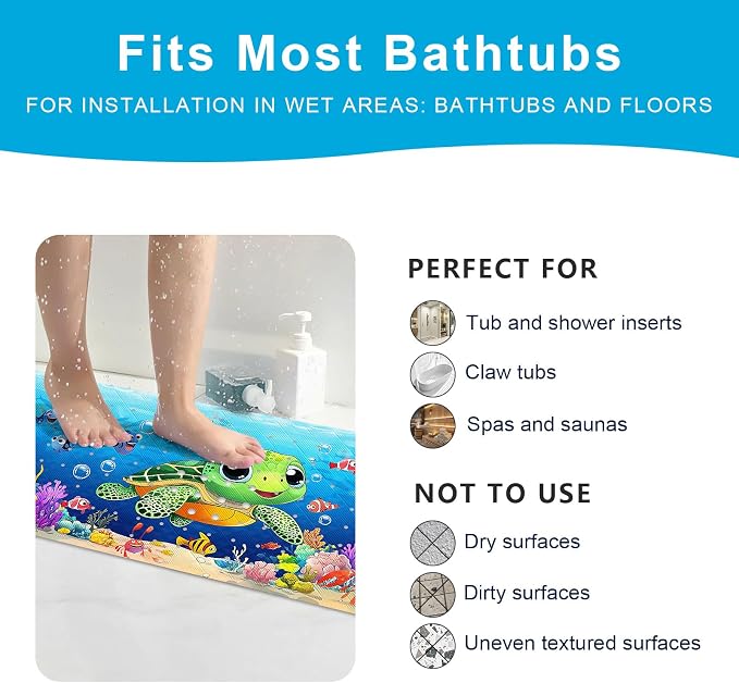 XIYUNTE Baby Bath Mat for Tub Non Slip Kids Bath Mat - 40''x16'' Extra Long Cartoon Turtle Baby Bath Tub Mat Eco-Friendly Toddler Bath Mats with Suction Cups & Drain Holes, Easy to Clean & Easy Drying