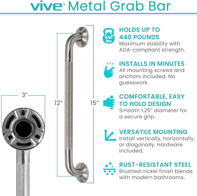 Vive Grab Bar for Showers - Bathroom Antislip Handrail for Seniors, Elderly Assistance Product, Heavy Duty Shower Handles, Handicap Grab Bars, Stainless Steel, Multipurpose, 440 lbs (Brushed Nickel)