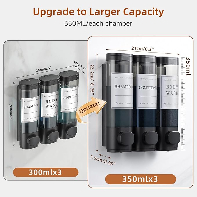 Shampoo and Conditioner Dispenser,Shower Soap Dispenser 3 Chamber No Drill Wall-Mounted Shampoo Dispenser for Shower Wall Mounted Shower Dispenser for Bathroom Hotel Large Capacity,Matte Black