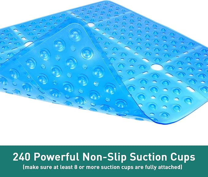 Large Square Shower Mat 27 x 27 Inch Clear Blue, Non Slip Shower Bathtub Mats for Inside Shower with Big Suction Cups Drain Holes, Anti Slip Bathroom Floor Stall Mats, Easy Clean, BPA-Free