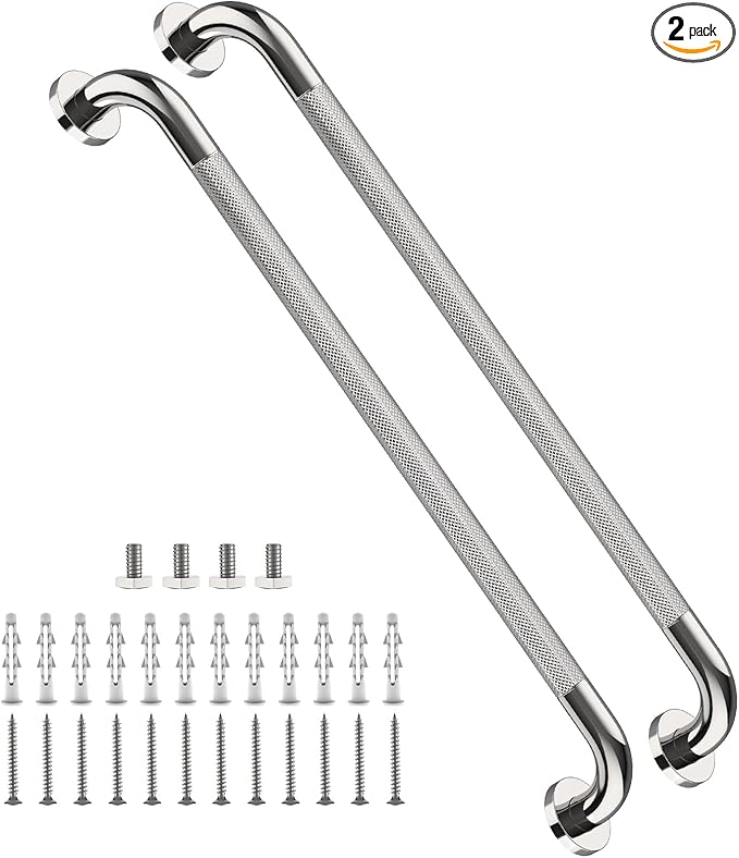 2 Pack 32 Inch Anti Slip Shower Grab Bar Handles, ZUEXT Chrome Stainless Steel Knurled Bathroom Balance Bar, Safety Hand Rail Support,Handicap Elderly Injury Senior Assist Bath Handle(1.25" Diameter)