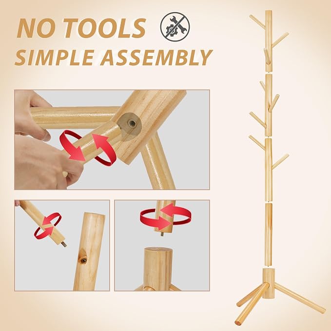 Unisakey Durable Wooden Coat Rack, Freestanding Coat Rack with Stable Triangular Base, 8 Hooks & 3 Adjustable Heights, Simple Assembly for Bedroom, Hallway, Office(New Nature)