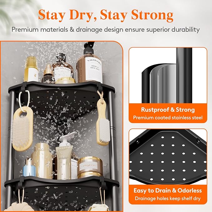 Lifewit Floor Standing Shower Caddy Corner, 5 Tier Plastic Shower Stand Rack with Adjustable Feet and Hooks, Rustproof Bathroom Shelf Organizer, Black，34 x 24 x 139 cm/13 x 9.5 x 55 inch
