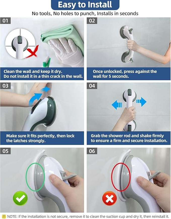 2 Pack 16.12” Grab Bars for Bathtubs and Showers, Shower Handles for Elderly Suction Cup Grab Bars for Shower Wall Heavy Duty, Safety Grab Bar for Seniors Suction Bathroom, No Drilling