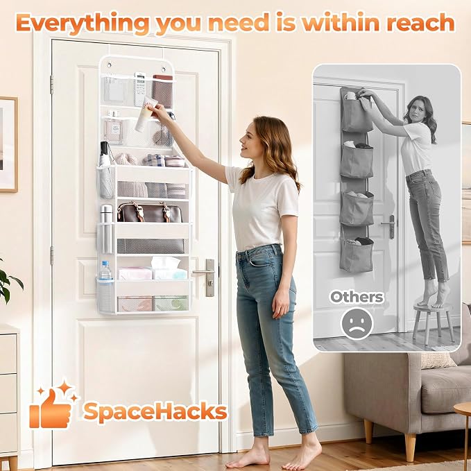 SpaceHacks 5-Tier Over the Door Organizer with Mesh Pockets, Baby Nursery Storage for Closet, Bathroom and Bedroom, Adjustable Hanging Closet Organizer for Cosmetics, Books and Essentials (Beige)