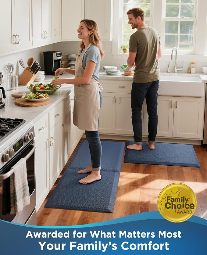 Ophanie Kitchen Mats for Floor, 1/2 inch Thick, 20x32 Anti Fatigue Cushioned Mat, Kitchen Rugs, Waterproof, Comfort Ergonomic Standing Mat for Office, Home, Sink, Blue Non-Slip Ridged Bottom