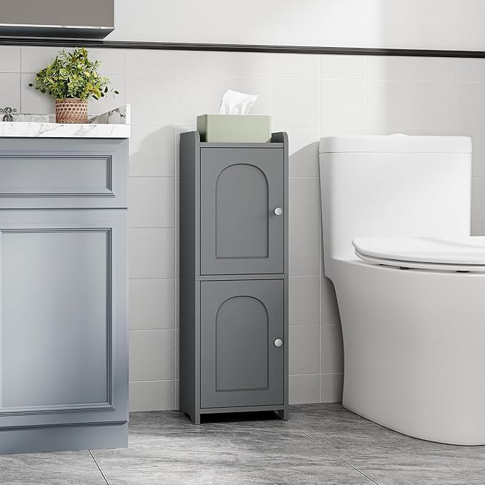 Hzuaneri Bathroom Storage Cabinet, Small Corner Floor Cabinet with 2 Doors and Adjustable Shelf, Narrow Toilet Paper Cabinets, Bathroom Organizer for Small Spaces, 7.9" D x 9.8" W x 29.5" H Gray