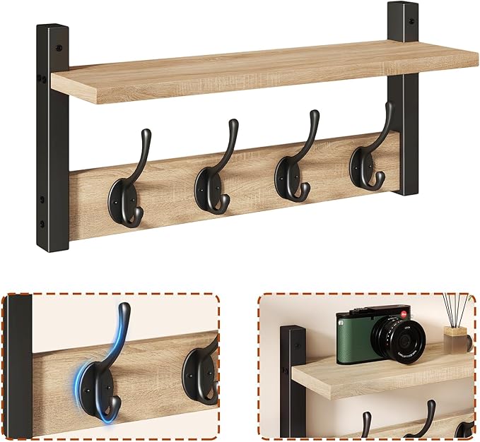 YMYNY 31.5" Coat Rack Wall Mount with Shelf, 2 in 1 Key and Coat Hanger with 8 Metal Hooks, Wall Shelf with Hooks & Mail Holder for Living Room, Bedroom, Light Natural, HWS001R-2