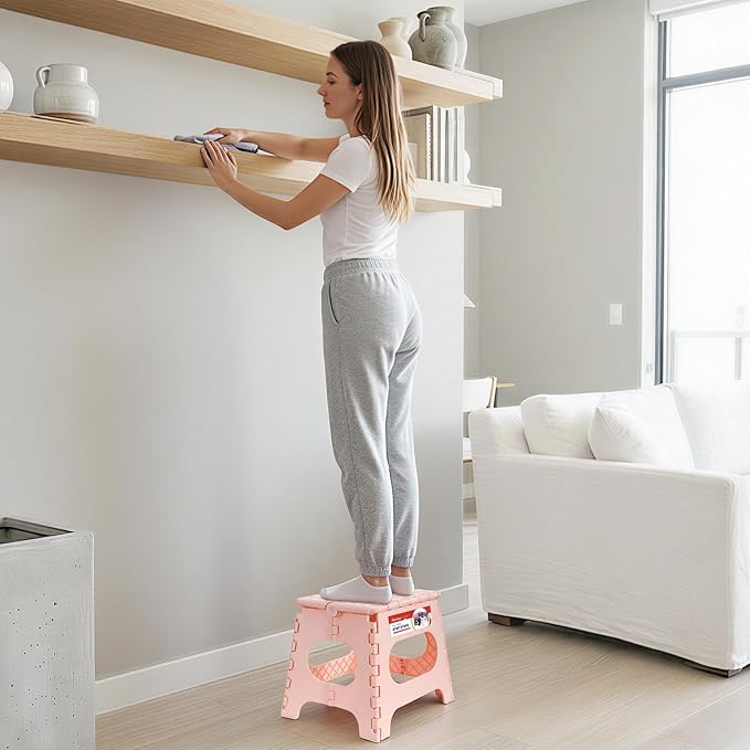 ACSTEP Folding Step Stool 11 Inch, Sturdy Plastic Foldable Step Stool for Kids & Adults, Non Slip Lightweight Collapsible Foot Stools Holds 300 lbs, Ideal for Kitchen, Bathroom, Bedroom, Light Pink