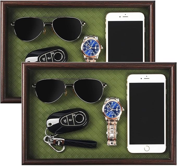 Wooden Valet Tray with Leather Base - Nightstand Catchall Organizer for Cologne, Perfume, Keys, Wallet, Phone, Watch, Jewelry & Sunglasses (2Pcs Green)