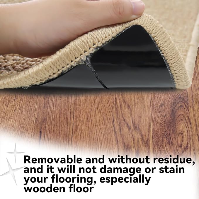 Rug Non Slip Grippers, Reusable Rug Tape, No Damaging for Hardwood Floors and Tiles, Carpet Grippers Stickers Pads for Area Rugs Corners Flat, 4Pcs