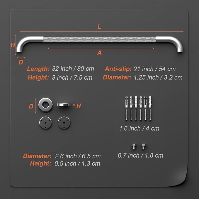 Brushed Nickel Shower Grab Bars 32 Inch, Anti Slip Grab Bar with Knurled Grip, Stainless Steel Bathroom Safety Balance Handrail, Wall Mounted Handicap Bar for Elderly, Textured Senior Grab Bar Handle