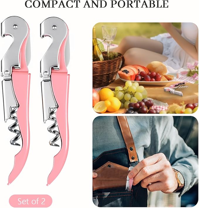 HYZ 2-Pack Wine Opener Waiter Corkscrew, Professional Wine Key for Servers, Bartender with Foil Cutter, Manual Wine Bottle Opener Double Hinged (Pink Mesa)