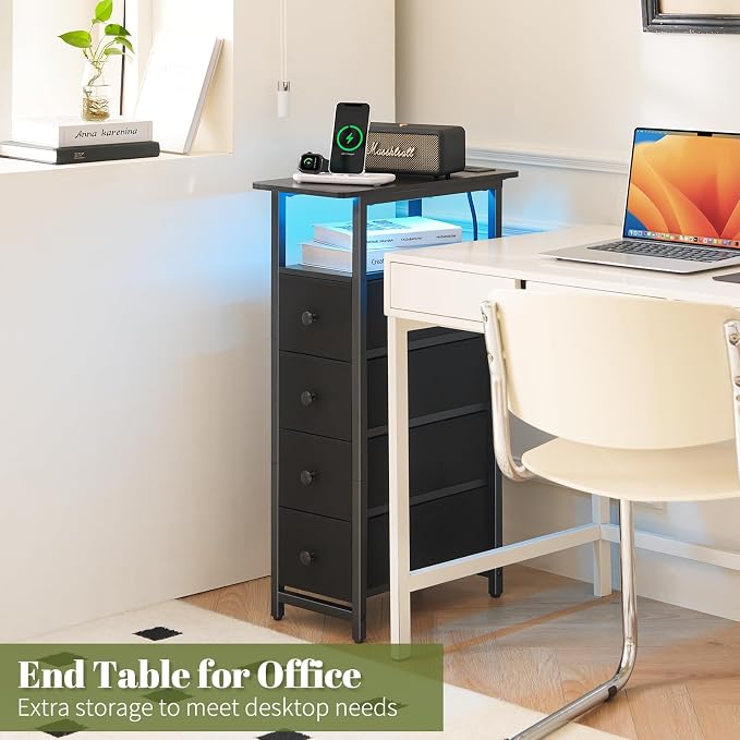 Yoobure LED Narrow Nightstand with Charging Station - Slim Dresser for Bedroom Narrow Side Table Storage Cabinet, Small Dressers Chest of Drawers, Tall Skinny Night Stand End Table for Small Spaces