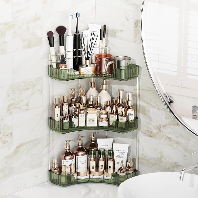 Asayuee 3-Tier Corner Bathroom Counter Organizer with Top Toothbrush Holders,Large Makeup Organizer Countertop with Brush Holder,Skincare Organizers Corner,Exquisite Vanity Organizer (Green, 3 Tier)