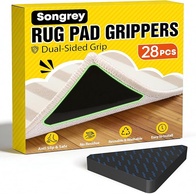 Songrey Rug Tape Rug Corner Grippers 28PCS, Reusable Double-Sided Carpet Tape to Hold Area Rugs Down, Non Slip Rug Pads Gripper for Hardwood Floors No Damage