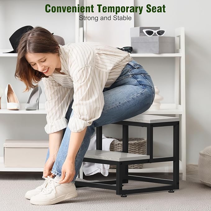 LIANTRAL Step Stool for Adults & Kids, Heavy Duty Wooden Stepping Stools, Bedside Foot Stool with 500lbs Load Capacity, Non-Slip 2 Step Stool for Bed, Kitchen, RV - Gray