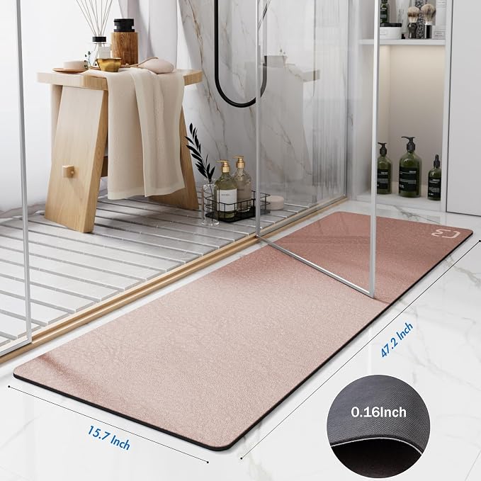 RUERYA Blush Pink Diatomaceous Earth Bath Mat 15.7"x47.2" Extra Long Bathroom Mat Large Fast Dry Super Absorbent Non-Slip Rubber Backed Shower Mat Bath Rugs Mats for Bathroom Floor, Tub, Shower, Sink