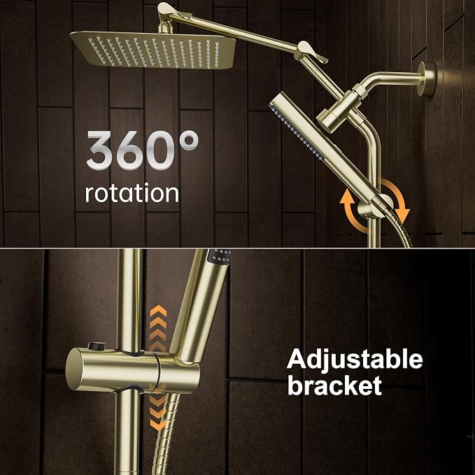 Veken All Metal 10" Shower Head with Handheld, Luxurious Square Double Rain Shower Heads with Spray Combo, Dual High Pressure Detachable Rainfall Showerhead with Extension Arm, Long Hose,Brushed Gold