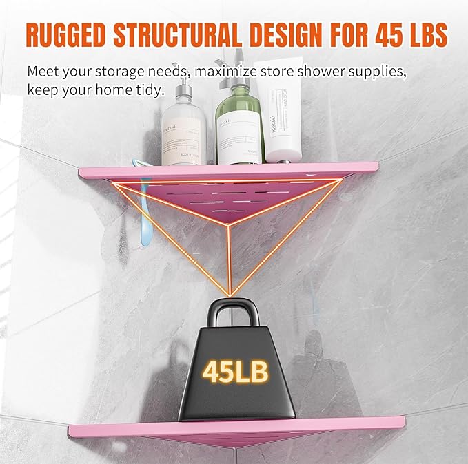 Corner Shower Shelves with Razor Hole, Modern Sturdy Shower Shelves Corner, 10" 304 Stainless Steel Shower Organizers Corner Shelf for Tile Wall, No Drilling Grout Mount Bathroom Shelf,Pink