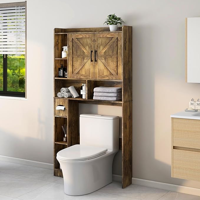 Vabches Over The Toilet Storage Cabinet, Farmhouse Storage Cabinet Over Toilet with 2 Barn Doors & Toilet Paper Holder Stand，Home Space-Saving Toilet Rack, for Bathroom, Restroom, Laundry.