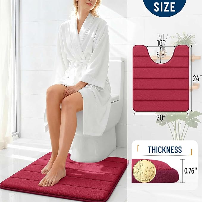 OLANLY Memory Foam Toilet Rugs U Shaped 24x20, Super Soft Absorbent Contour Bath Rugs, Quick Dry, Machine Washable Toilet Mat, Bathmat Floor Carpet, Bathroom Home Decor Accessories, Burgundy