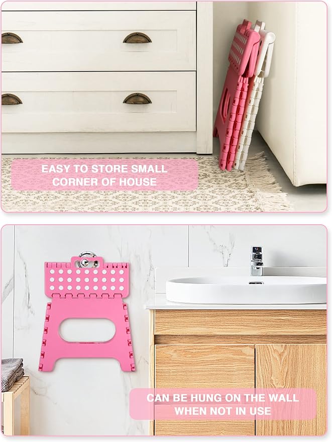 Dyforce Folding Step Stool, 11 Inch Kids Step Stool, Foldable Step Stools for Adults, Compact Foot Stools, Light-Weight Toddler Step Stools for Kitchen, Bathroom, Holds Up to 300 lbs (Pink)