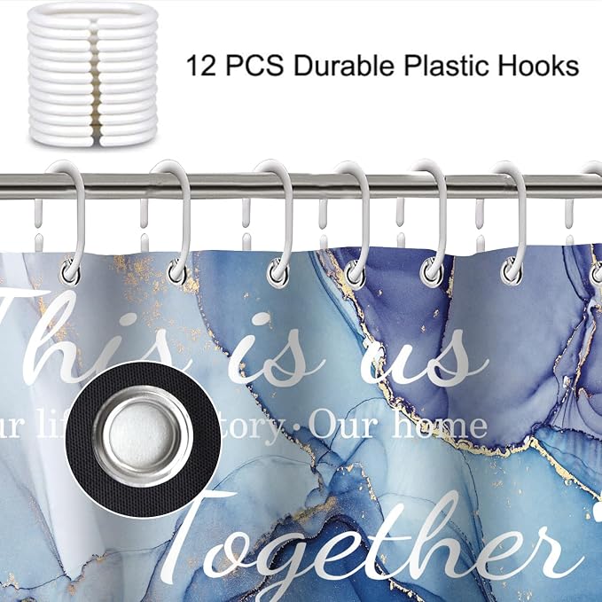 4Pcs Family Marble Shower Curtain Set,Blue Home Inspirational Bathroom Sets with Shower Curtain and Rugs, Bathroom Decor Set,Waterproof Bathroom Curtains Shower Set,with 12 Pcs Hooks