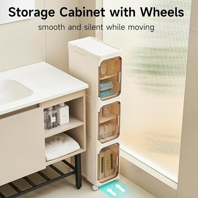 UFORU 4-Tier Tall Narrow Storage Cabinet- Plastic Slim Bathroom Storage Organizer with Magnetic Doors,Adjustable Shelves&Movable Wheels, Foldable Skinny Cabinet for Small Spaces,Kitchen