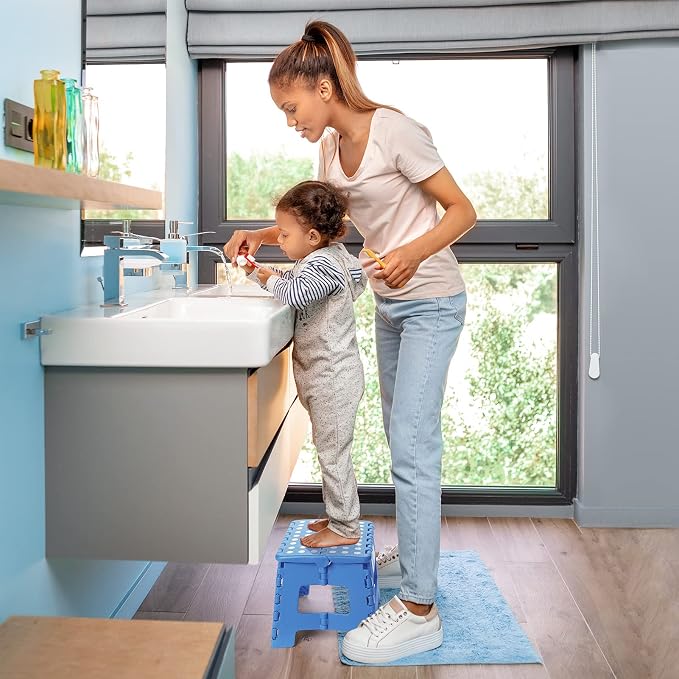 Korpai 9" Folding Step Stool for Adults and Kids Holds Up to 300 lbs,Non-Slip Folding Stools with Portable Handle, Compact Plastic Foldable Step Stool for Bathroom,Bedroom, Kitchen,Sky Blue,1PC