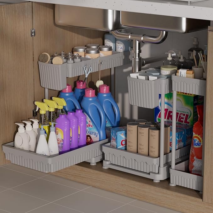Sevenblue 3 Pack Multi-Purpose Pull-Out Storage Organizers, 2-Tier L-Shaped Under Sink/Cabinet Organizers and Storage for Bathroom & Kitchen,Grey,14.85 Inch