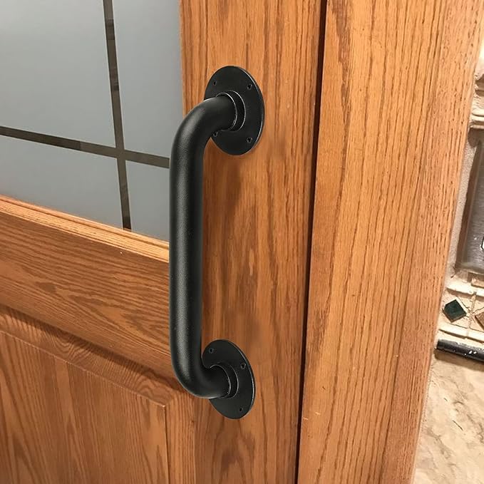 1ft Metal Industrial Pipe Wall Handrail -12 Inch Pipe Barn Door Pull Handle, Gate Pulls, Staircase Handrail for Indoor & Outdoor Steps, Deck Hand Rail, Safety Grab Bar (Matte Black)
