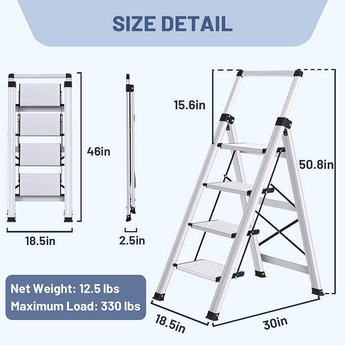 XinSunho 4 Step Ladder, Retractable Handgrip Folding Step Stool with Anti-Slip Wide Pedal, Aluminum Stool Ladders 4 Steps, 330lbs Safety Household Ladder