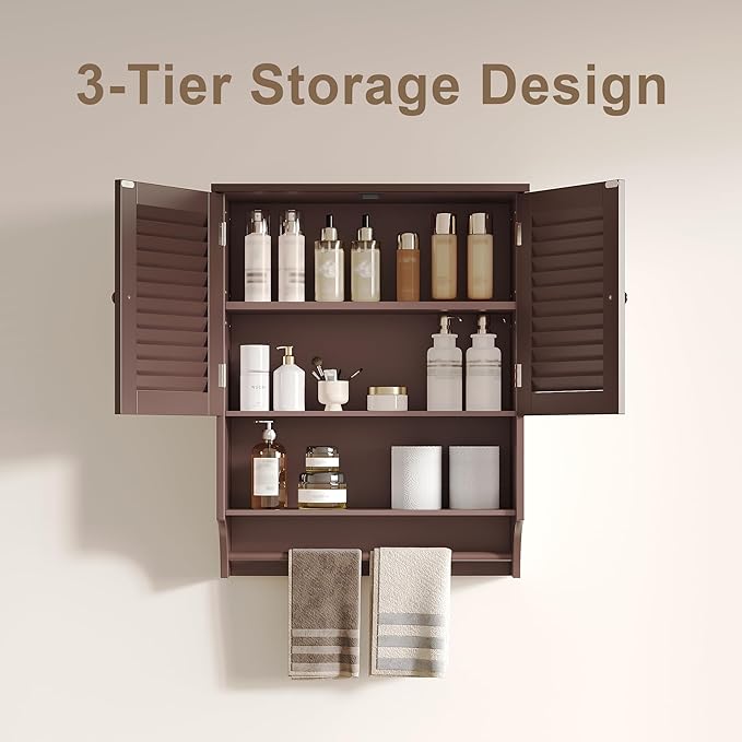 ChooChoo Bathroom Wall Cabinet with Towels Bar, 23.6" L x7.9 W x27.5 H MDF Material Medicine Cabinet, 2 Doors Over The Toilet Space Saver Storage Cabinet with Large Space, Espresso