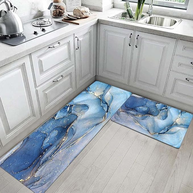 Mrcrypos Set of 2 Blue and Gold Marble Kitchen Mats PVC Leather Waterproof Non Slip Cushioned Standing Mats Anti Fatigue Kitchen Comfort Mats for Floor,Sink,Laundry,Office 17"x29"+17"x47"