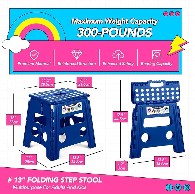 Delxo 13 inch 2 Pack Folding Step Stool, Non-Slip Foldable Stools Up to 300 LBS, Step Stool with Handle, Lightweight Collapsible stools for Kitchen, Bathroom, Bedroom, Garden (Blue)