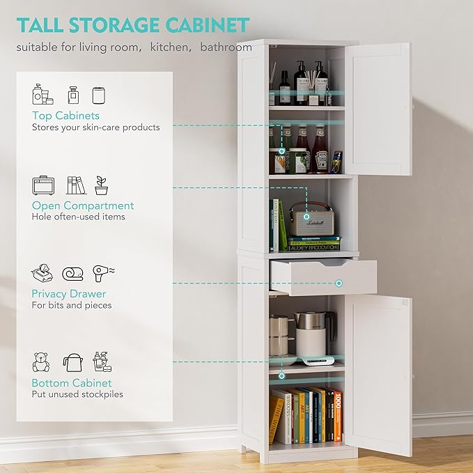 Vongrasig Tall Bathroom Storage Cabinet, 64”H Narrow Storage Unit for Small Spaces, Freestanding Modern Cabinet with Adjustable Shelves for Bathroom, Living Room, Kitchen, White