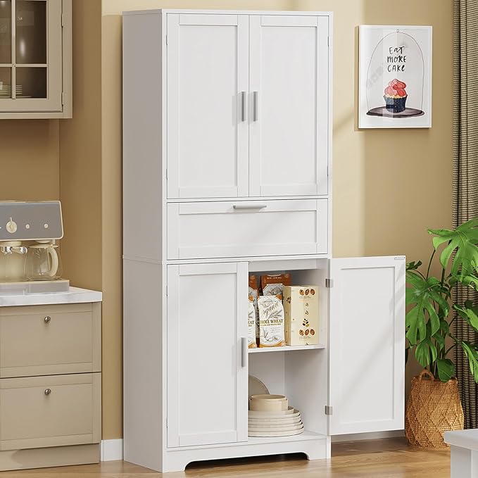 Iwell 67" Tall Storage Cabinet, Rattan Cabinet with 2 Adjustable Shelves & Large Drawer, Pantry Cabinets for Kitchen, Living Room, Home Office, Natural | Adjustable Shelf