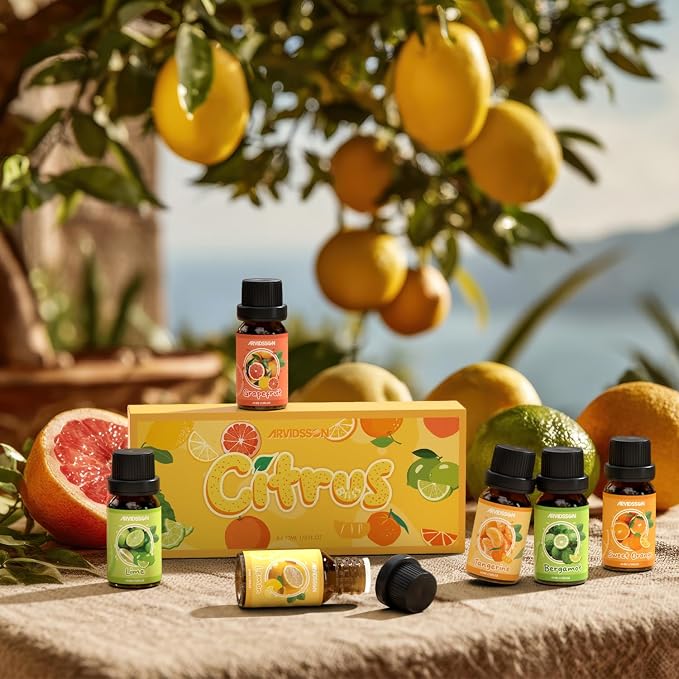 ARVIDSSON Citrus Essential Oils Set, Natural Fruit Essential Oil for Diffuser, Candle Making - Grapefruit, Bergamot, Sweet Orange, Lemon, Lime, Tangerine, Citrusy Scented Oils for Home