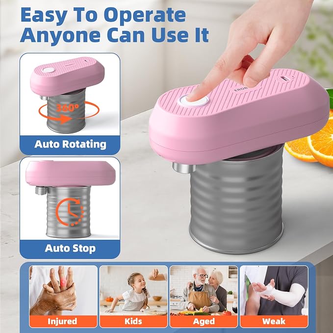 Auto Electric Can Opener, Rechargeable Can Openers for Seniors & Arthritis, One-Touch Automatic Can Opener, Hands-Free, Smooth Edge, Compact,Small - Auto Stop，Pink