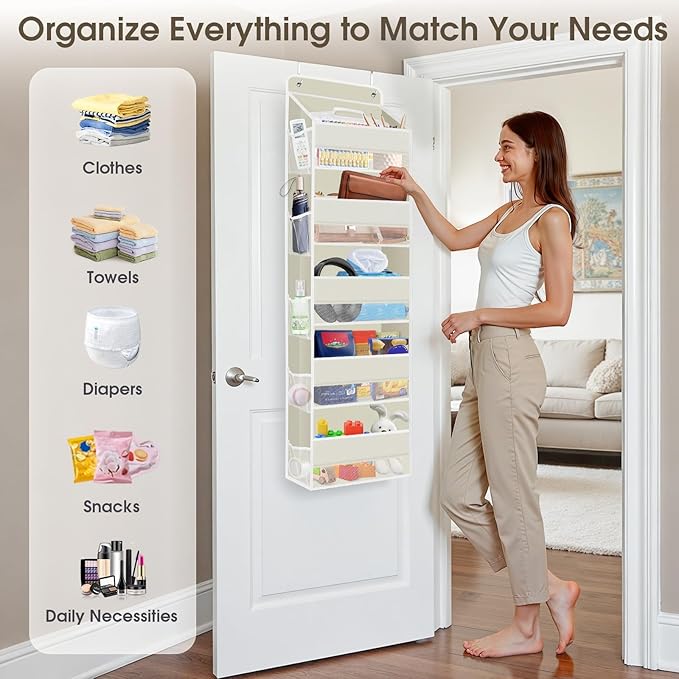 SpaceHacks 1 Pack Over The Door Organizer, Hanging Storage Organizer with Clear Window, 40lb Ultra Sturdy Large Capacity Room Organizer for Pantry Bathroom Nursery Closet Baby Essential (Beige)